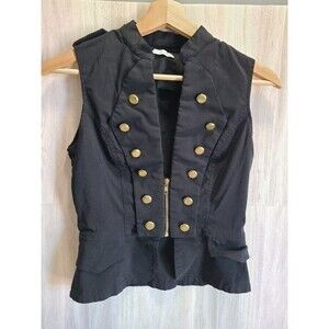 Body Central Black Military Vest XS – Gold Button Zip Front Statement Layer